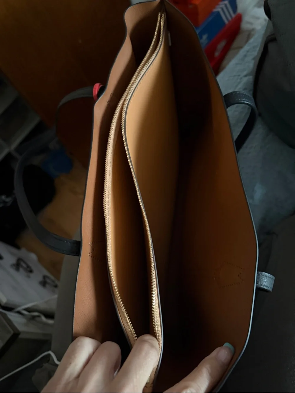 Tory Burch Black Leather Laptop Tote with Red Tag